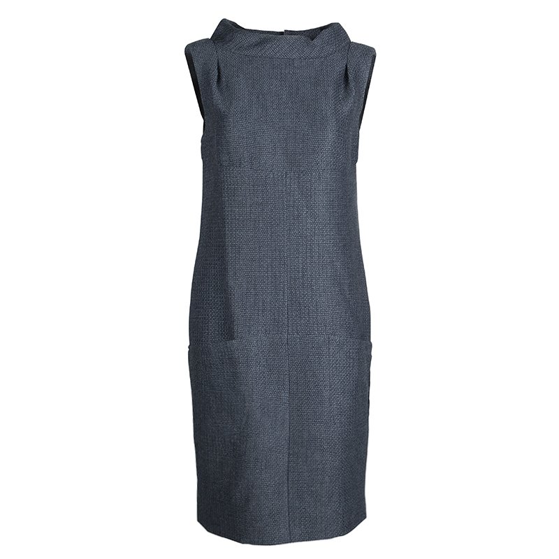 Pre Owned Chanel Grey Textured Wool Sleeveless Dress L