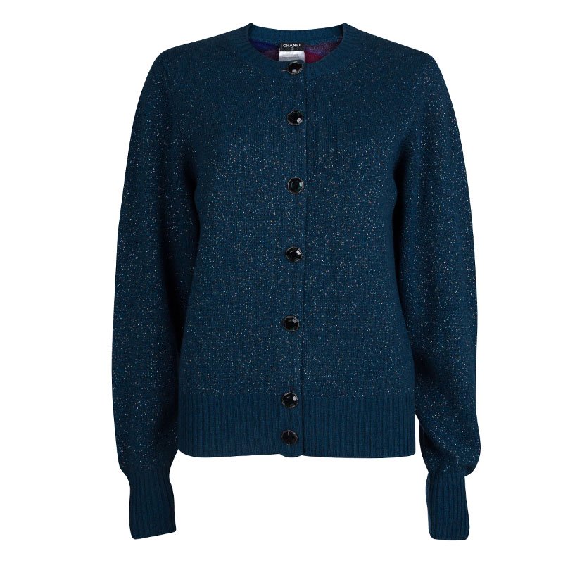 Chanel Peacock Blue Lurex Knit Button Front Cashmere Cardigan M Chanel ...