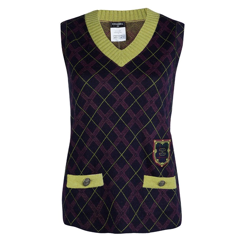 Pre Owned Chanel Purple Argyle Pattern Sleeveless Sweater M