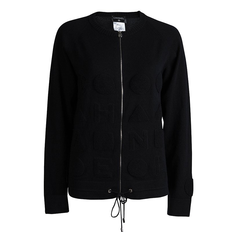 Chanel Black Chenille Embroidered Zip Front Cashmere Cardigan M Chanel ...