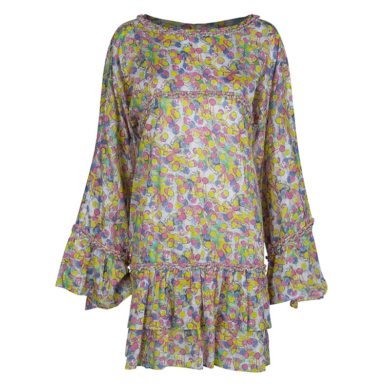 Chanel Multicolor Printed Cotton Tiered Long Sleeve Dress L