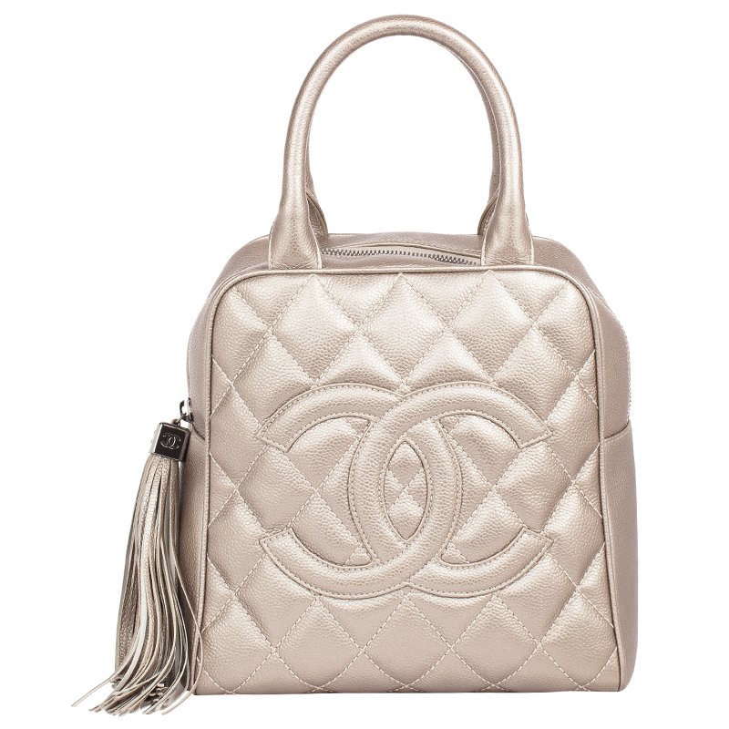 Pre Owned Chanel Metallic Quilted Caviar Tassel Top Handle Bag