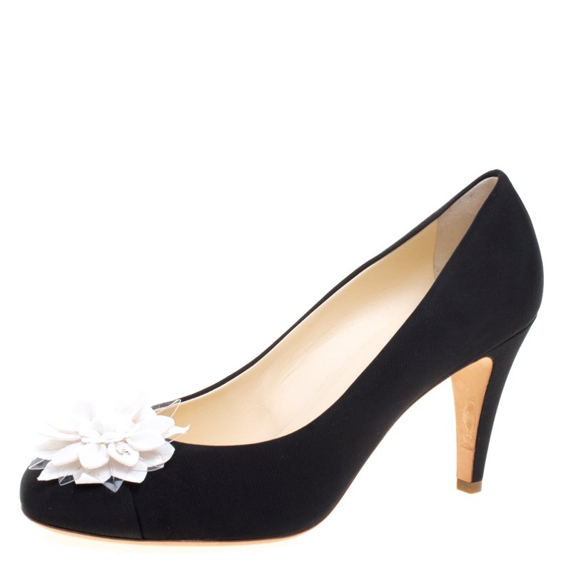 Pre Owned Chanel Black Canvas Camellia Embellished Pumps Size 40