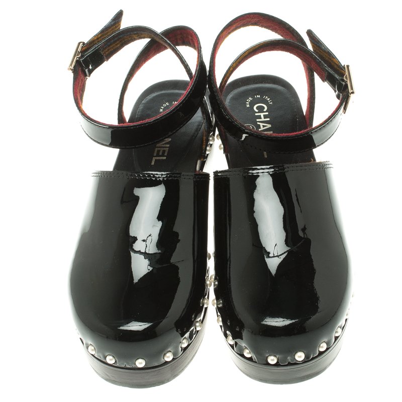 Chanel Black Patent Leather Faux Pearls Ankle Wrap Clogs Size 39