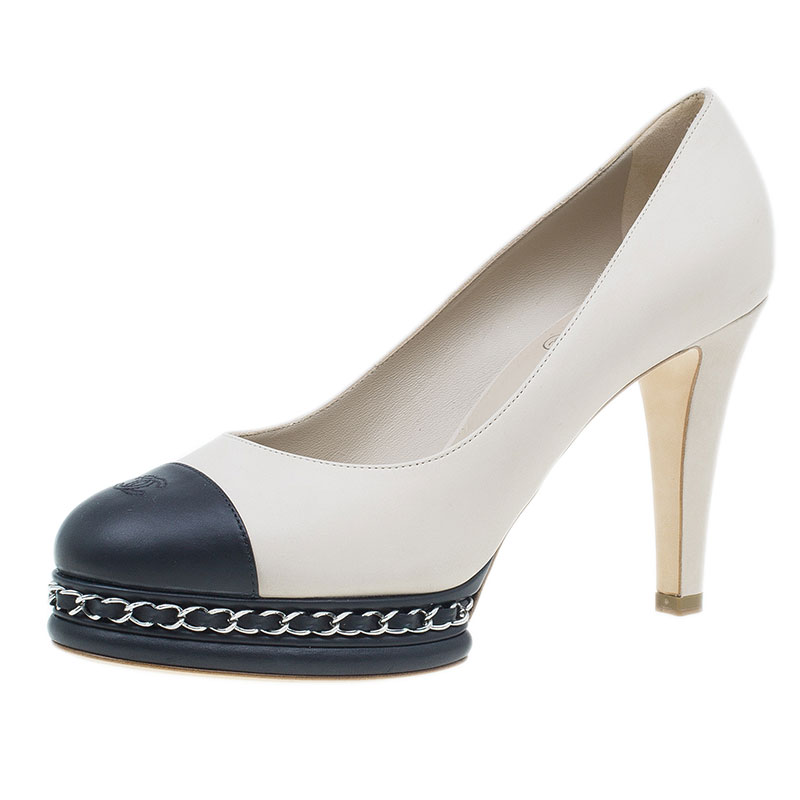 Pre Owned Chanel Beige Leather CC Cap Toe Chain Detail Platform Pumps Size 39.5