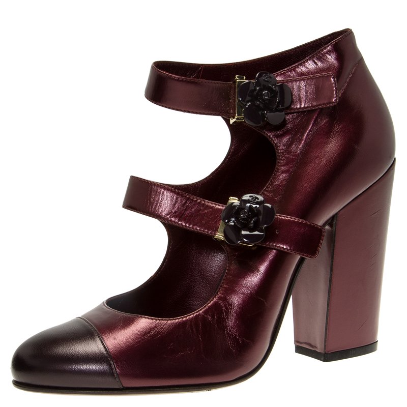 Pre Owned Chanel Two Tone Cap Toe Camellia Mary Jane Pumps Size 40.5