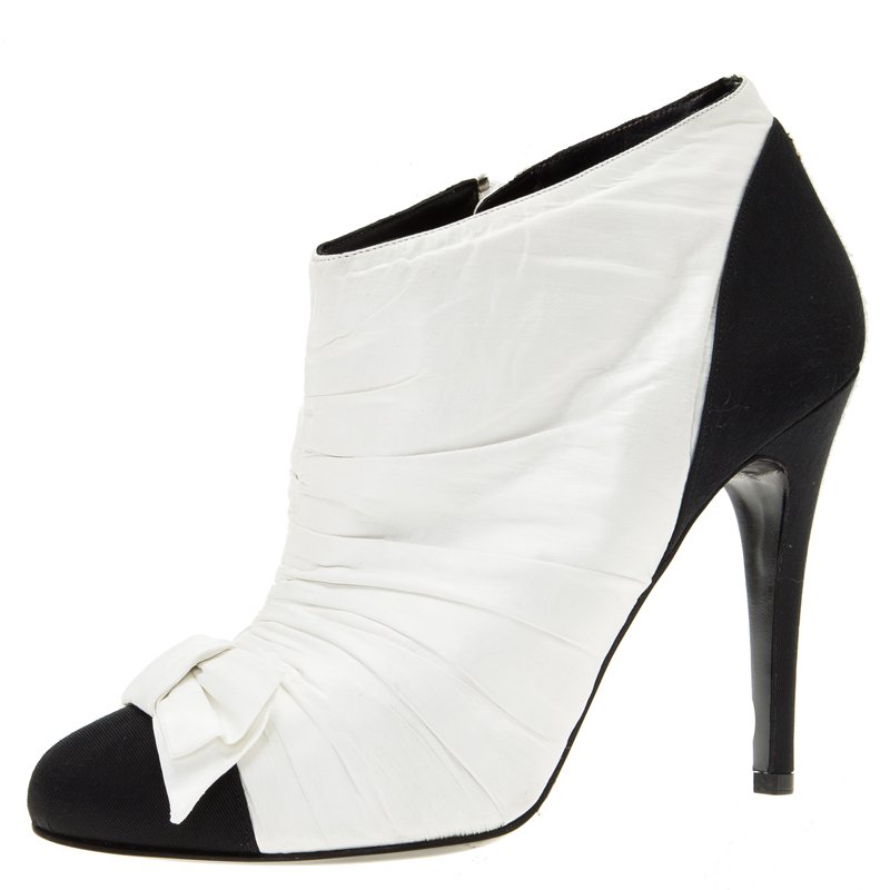 Chanel Monochrome Pleated Satin Bow Ankle Boots Size 39.5