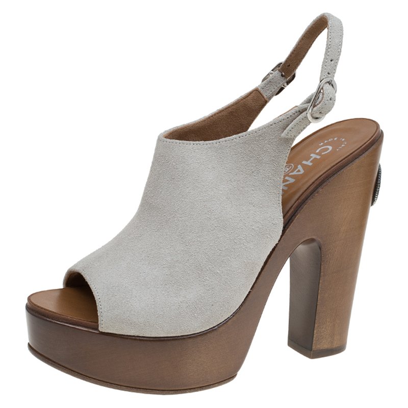 Chanel Grey Suede Wooden Platform Slingback Sandals Size 38 Chanel ...