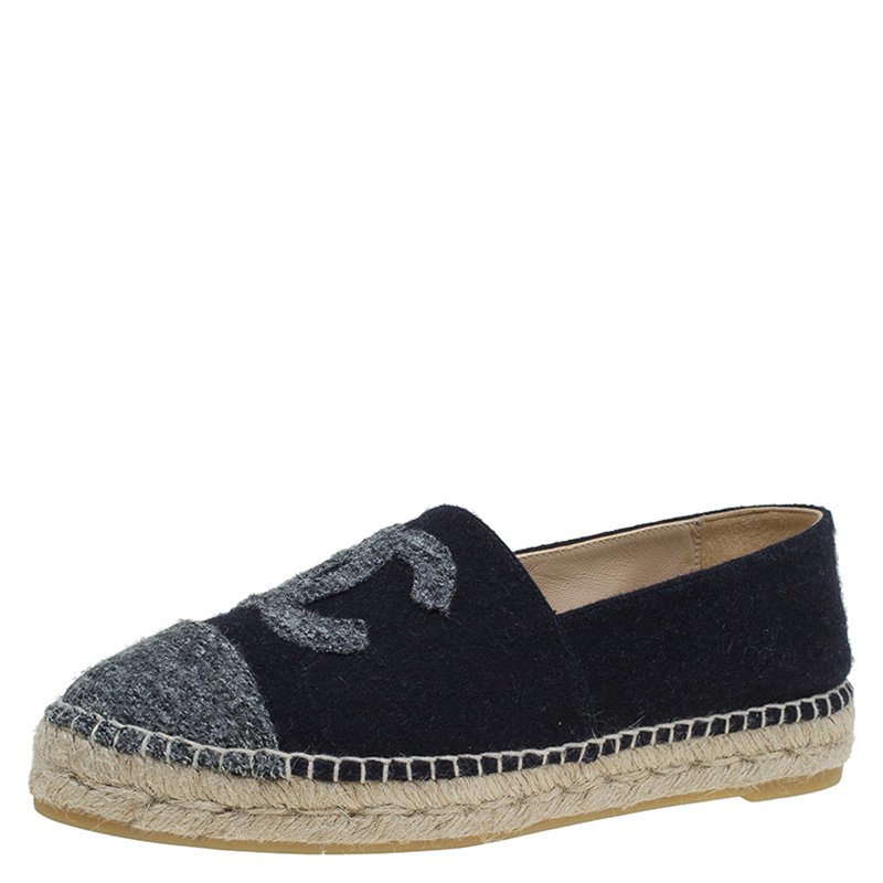 Chanel Black Felt and Grey Tweed CC Espadrilles Size 37 Chanel