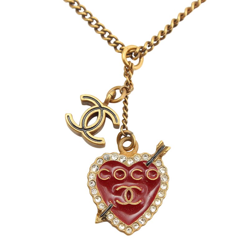 Pre Owned Chanel Gold-tone Crystal Embellished Heart Necklace