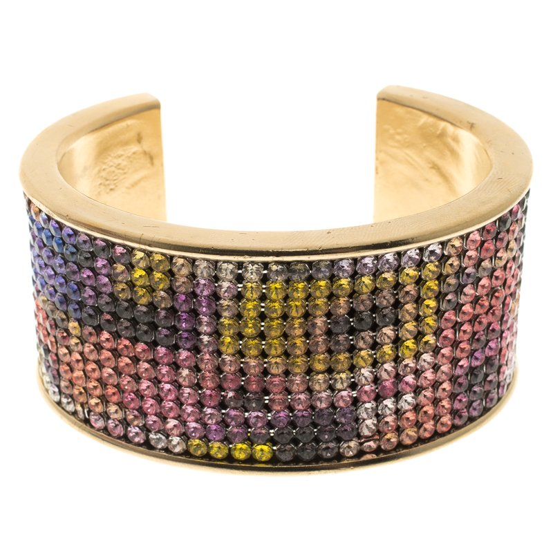 Pre Owned Chanel Multicolor Crystal Encrusted Gold Tone Wide Open-Cuff Bracelet 16cm