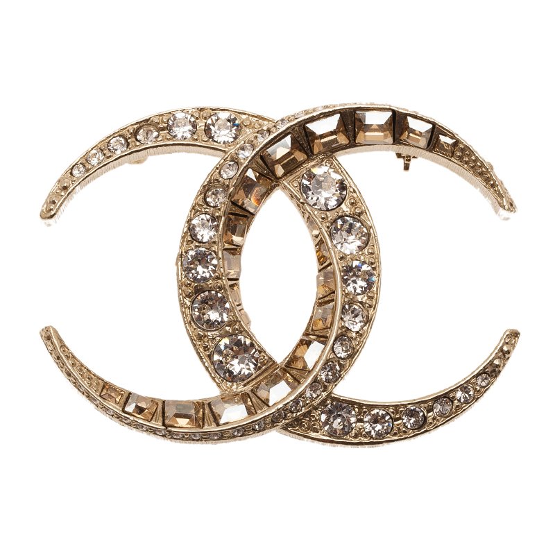 Chanel CC Moon Crystal Gold Tone Brooch