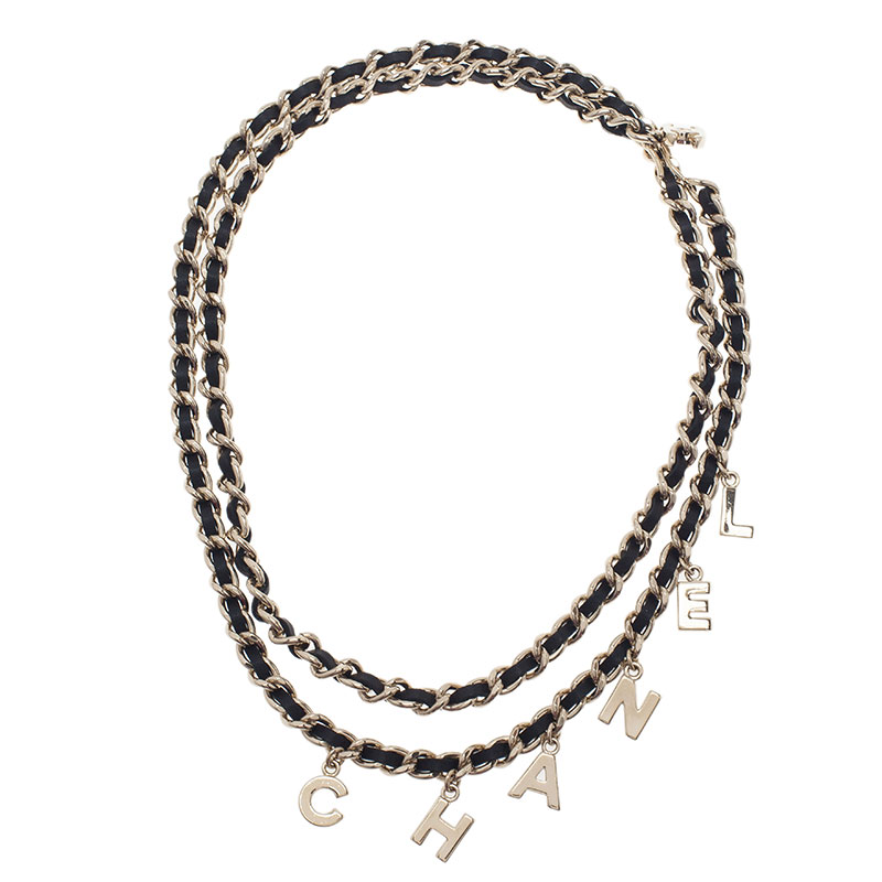Pre Owned Chanel Charms Gold Tone Black Leather Classic Chain  Necklace Belt