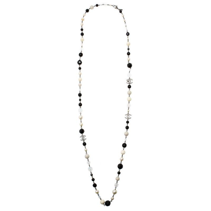 Chanel CC Grey Faux Pearl Black Beads Silver Tone Necklace