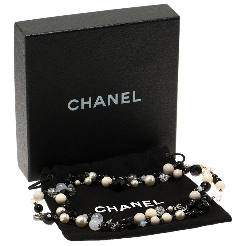 Chanel CC Grey Faux Pearl Black Beads Silver Tone Necklace Chanel
