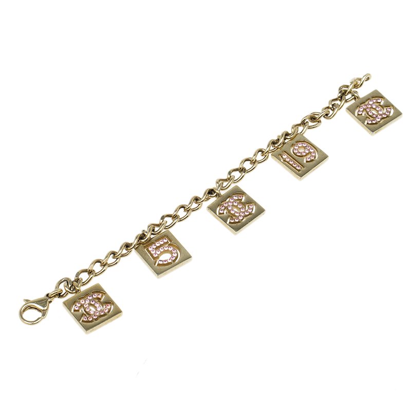 Chanel No 5 Charms Pink Crystal Gold Tone Bracelet
