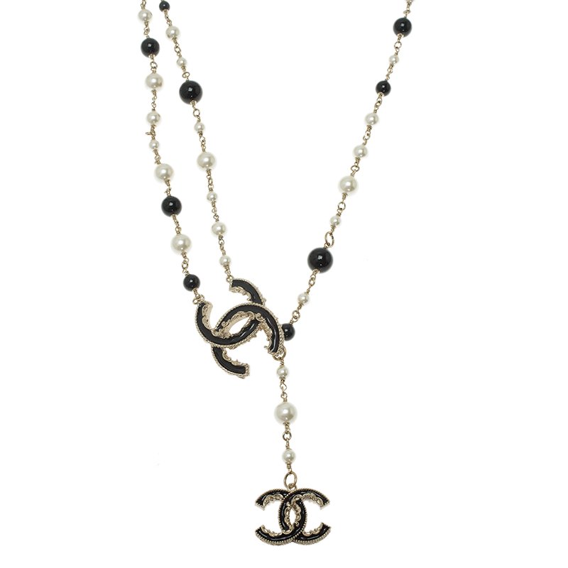 Pre Owned Chanel CC Black Beads and Faux Pearls Lariat Necklace/Belt