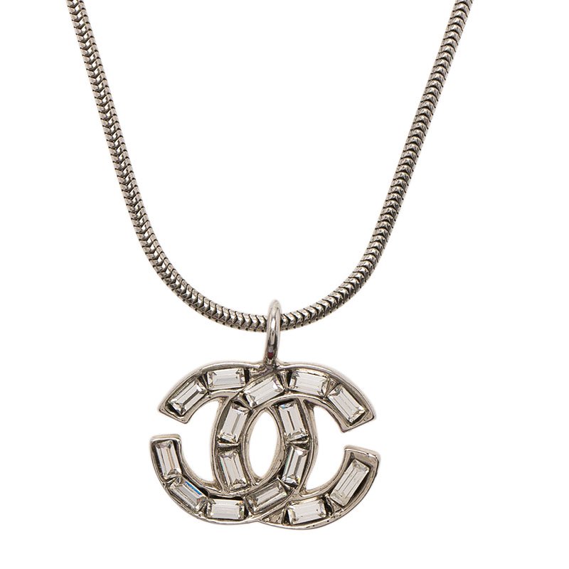 Chanel Vintage CC Baguette Crytals Silver Tone Snake Chain Pendant Necklace