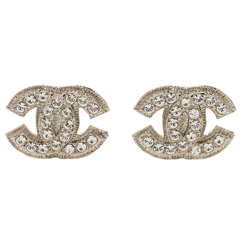 Chanel CC Crystal Medium Silver Tone Clip-On Stud Earrings