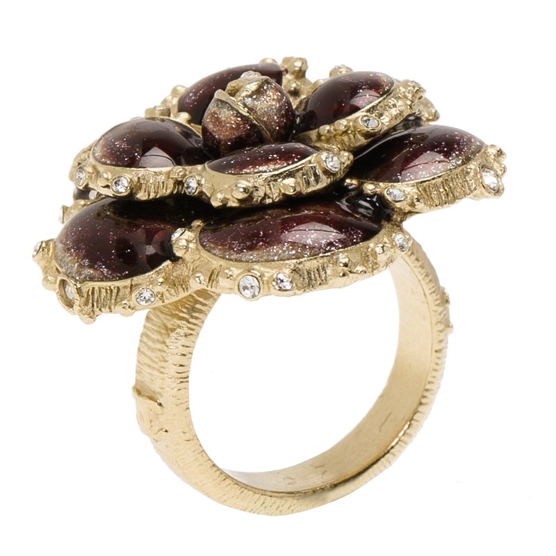 Pre Owned Chanel Camellia Burgundy Glitter Enamel Crystals Gold Tone Cocktail Ring Size 52