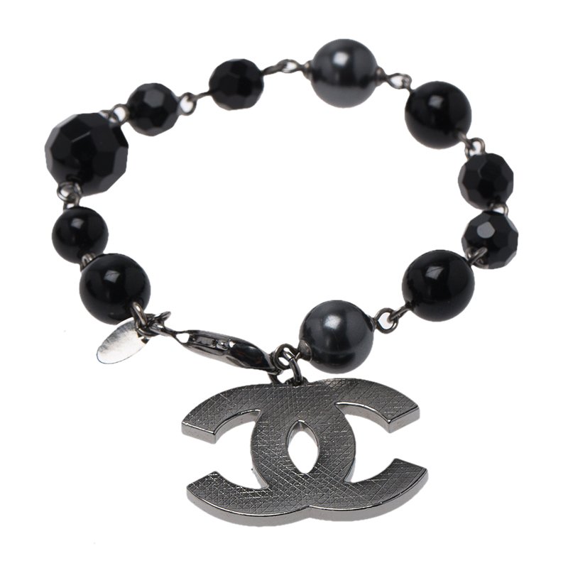 Chanel CC Black Beads Silver Tone Charm Bracelet 19cm