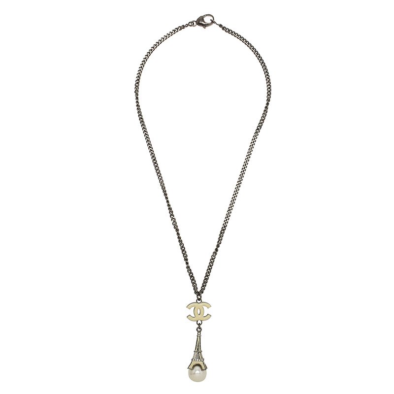 Pre Owned Chanel CC Eiffel Tower Faux Pearl Enamel Grey Tone Necklace 