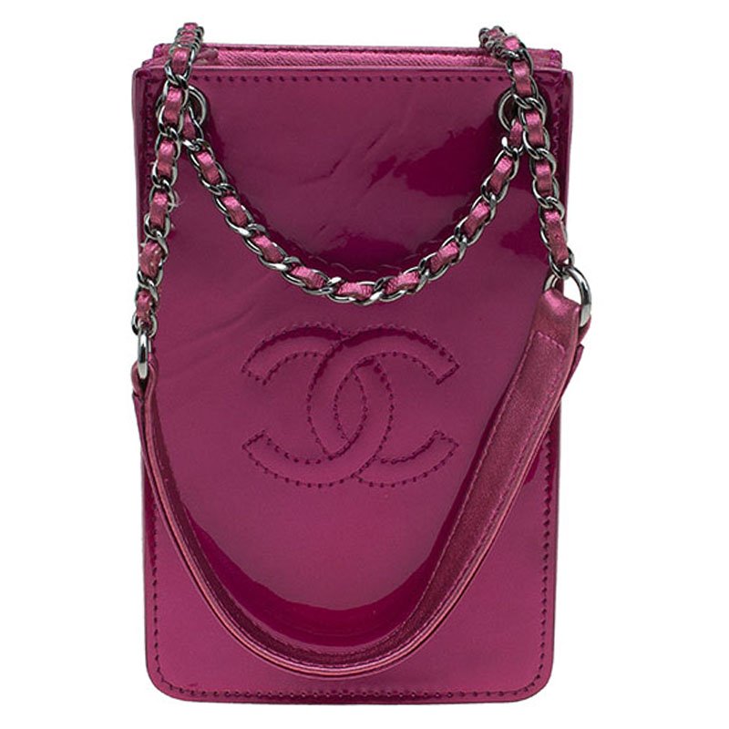 Chanel Fuchsia Patent Leather Phone Holder with Chain Chanel TLC