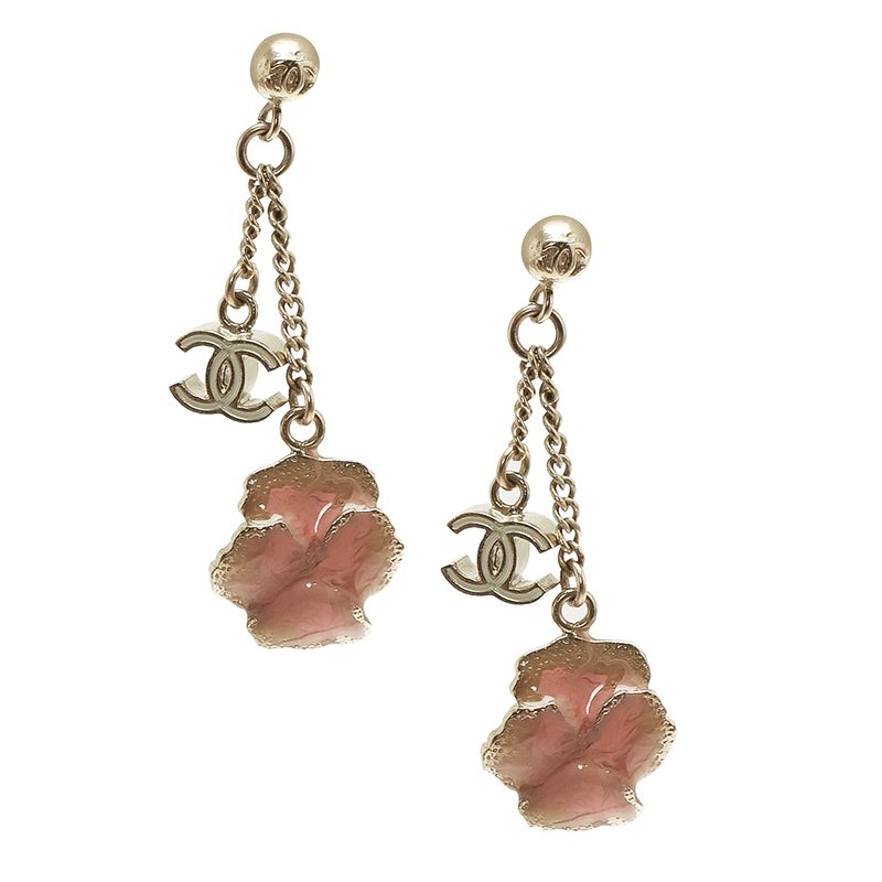 Chanel CC Camellia Flower Pink Enamel Gold Tone Drop Earrings Chanel | TLC