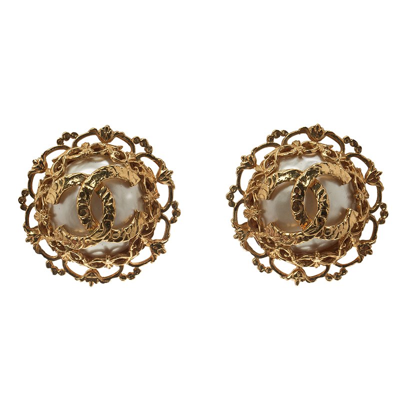 Chanel CC Faux Pearl Gold Tone Round Clip-on Stud Earrings