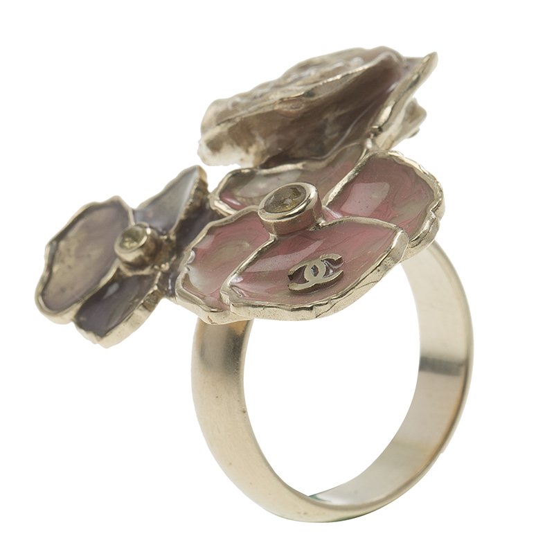 Pre Owned Chanel CC Camellia Three Flower Pastel Enamel Gold Tone Ring Size 55
