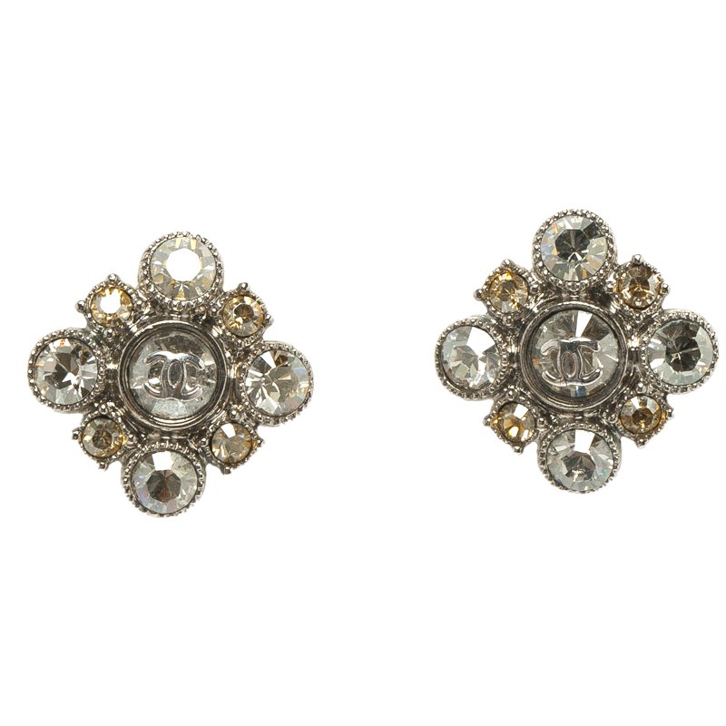 Pre Owned Chanel CC Crystal Silver Tone Stud Earrings