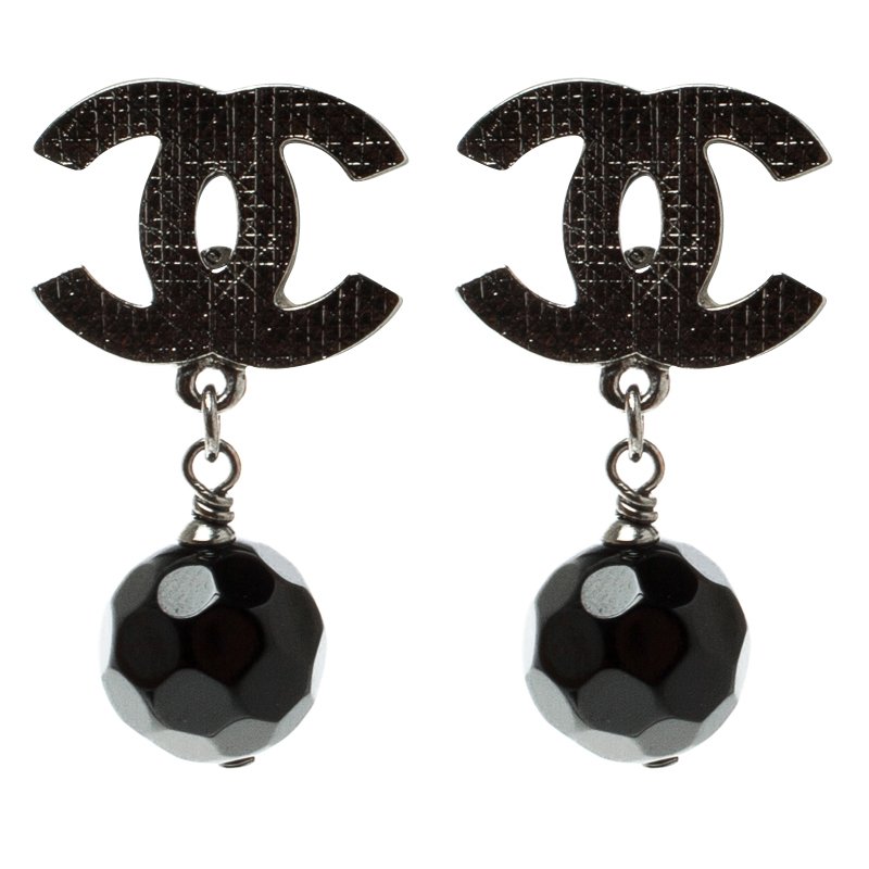 Silver tone with black beads womens earrings