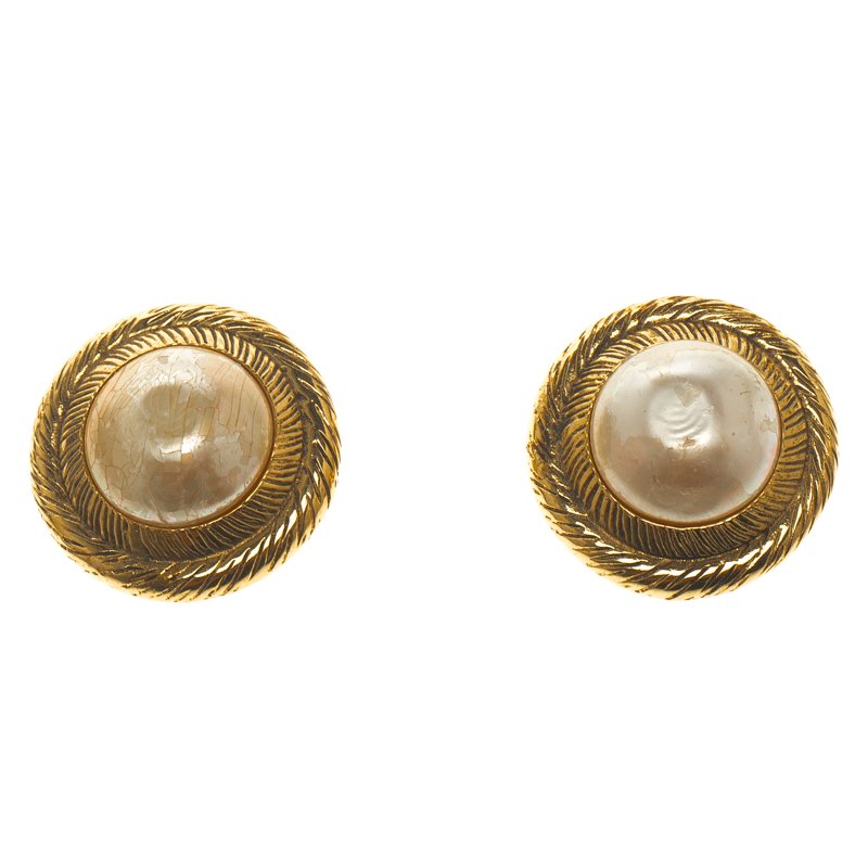 Chanel Vintage Faux Pearl Gold Tone Clip-on Stud Earrings