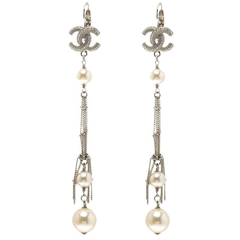 Pre Owned Chanel CC Faux Pearl Silver Tone Long Earrings