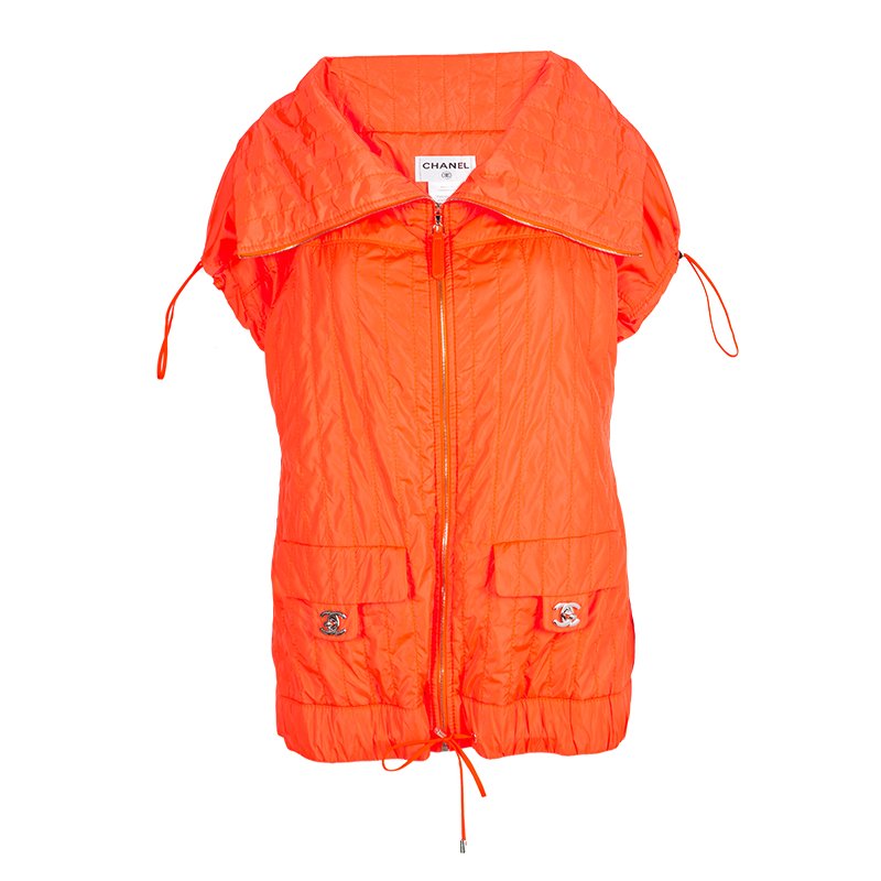 Chanel Neon Orange Quilted Short Sleeve Zip Front Jacket L