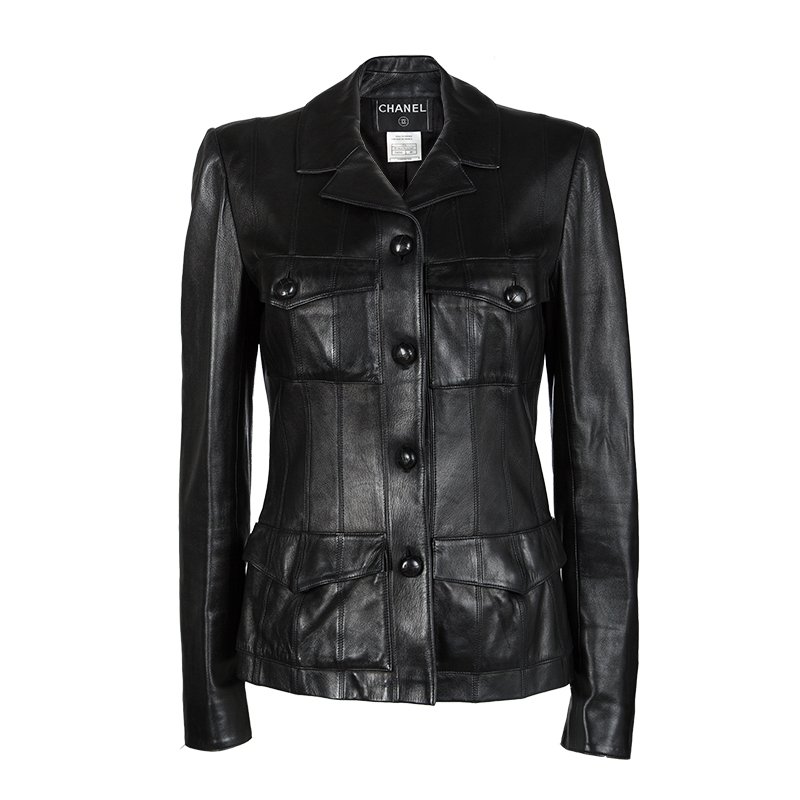 Chanel Black Lambskin Leather Button Front Jacket M