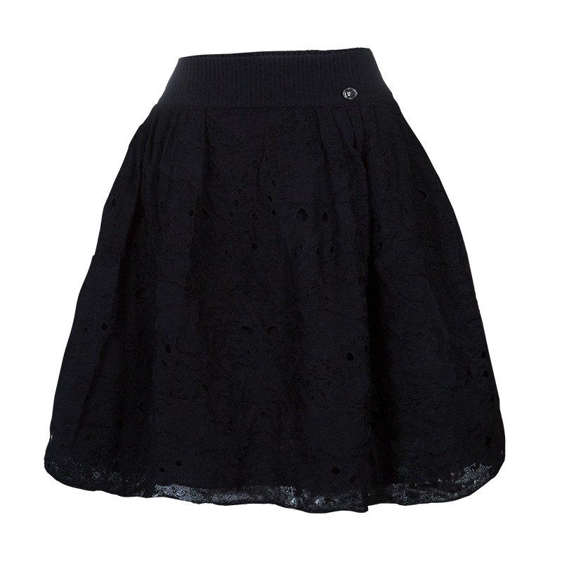 Chanel Black Knit Lace Overlay Bouffant Skirt M