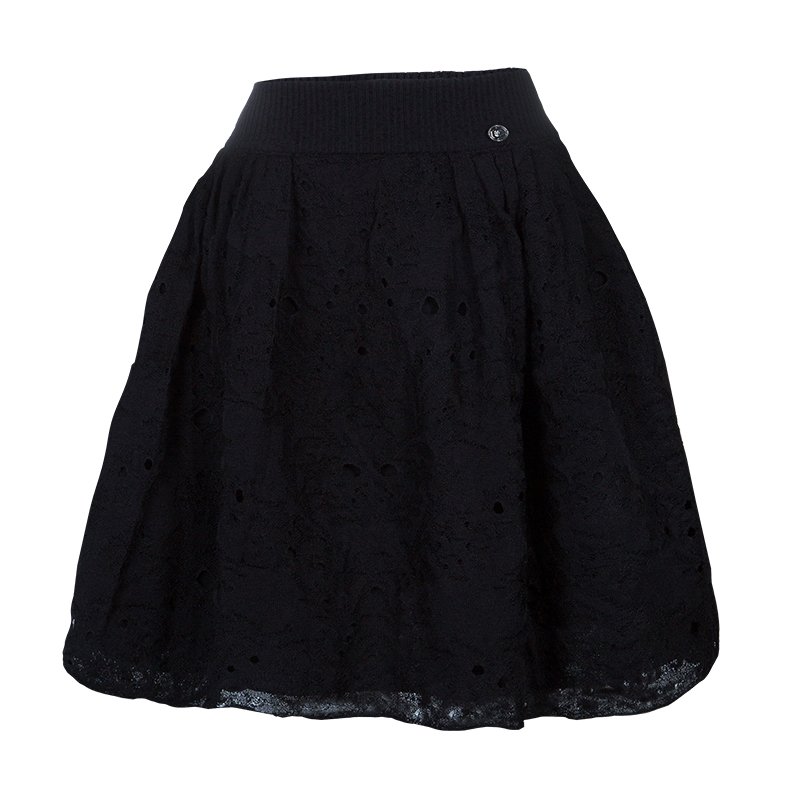 Pre Owned Chanel Black Knit Lace Overlay Bouffant Skirt M