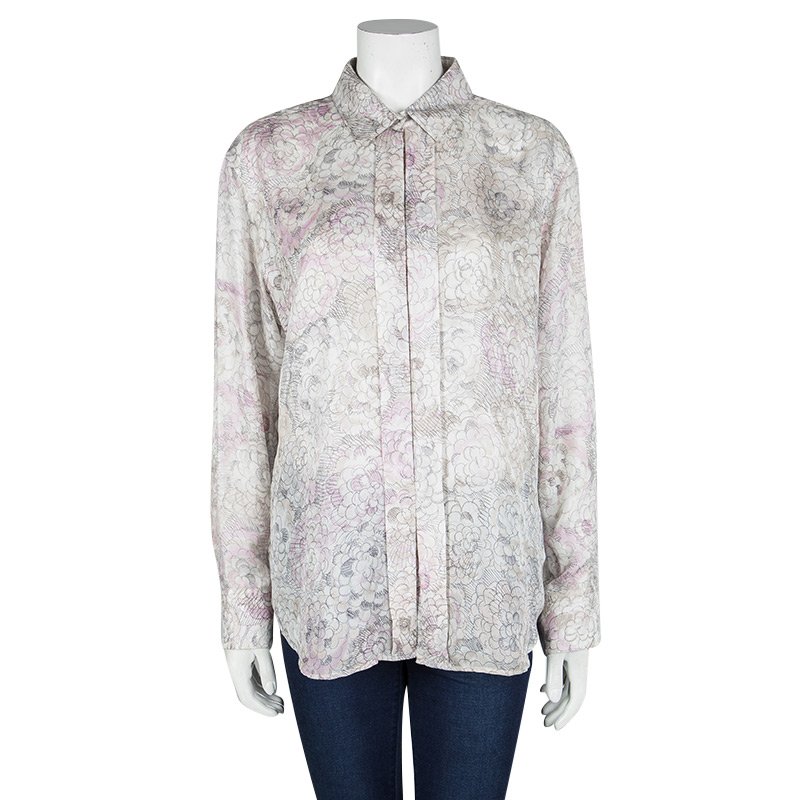 Chanel Multicolor Floral Printed Silk Long Sleeve Blouse L Chanel