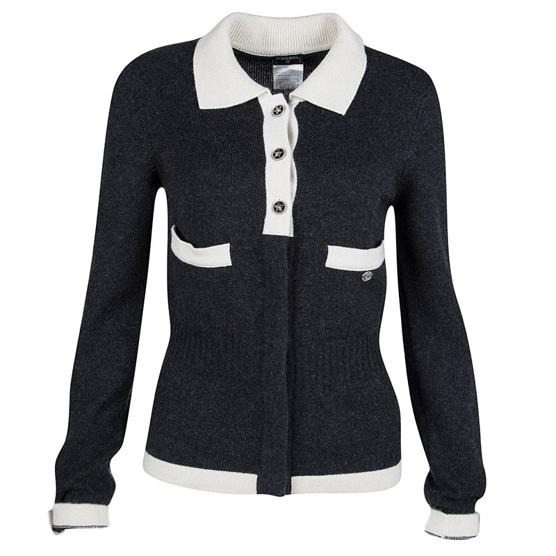 Chanel Grey Cashmere Contrast Trim Collared Cardigan S