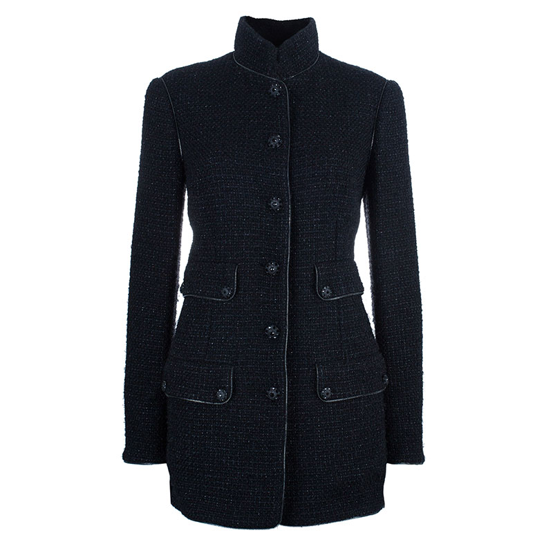 Pre Owned Chanel Black Boucle Zip Detail Jacket L