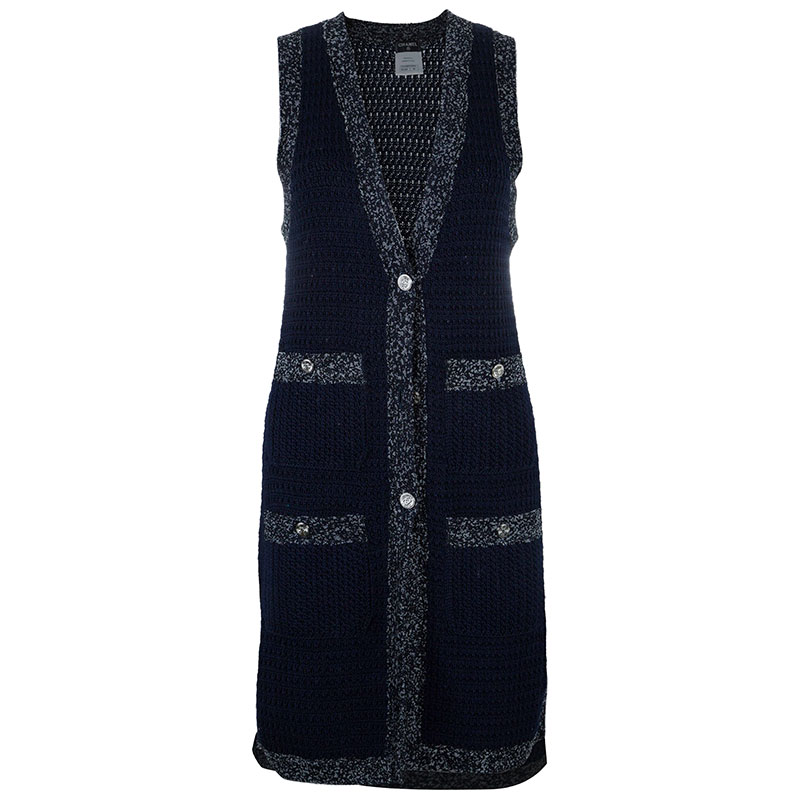 Pre Owned Chanel Navy Contrast Trim Sleeveless Cardigan S