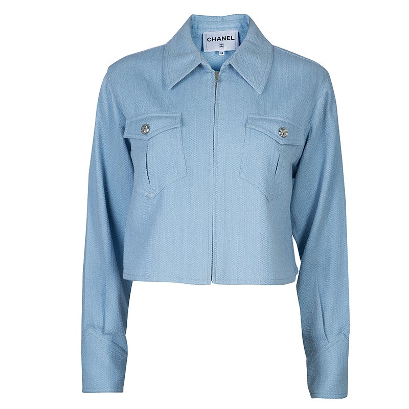 Pre Owned Chanel Powder Blue Textured Cotton Cropped Jacket M