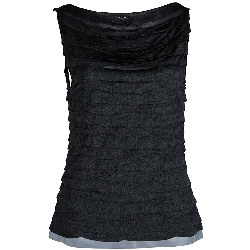 Chanel Grey Metallic Knit Pleated Sleeveless Top M