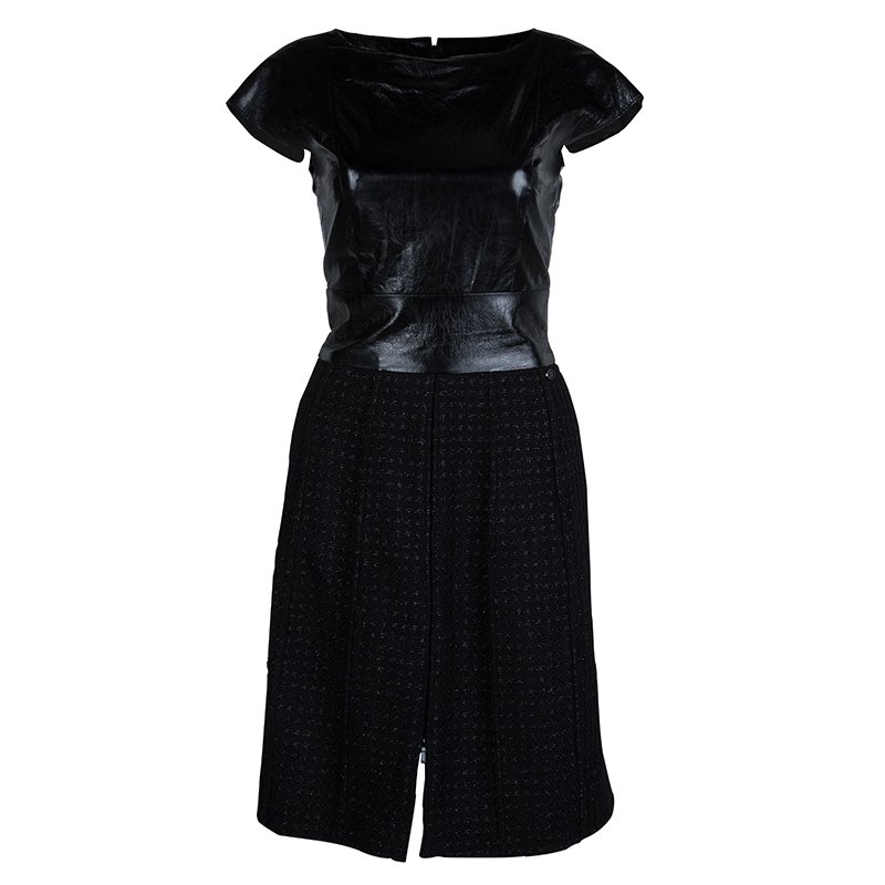 Chanel Black Leather Combo Wool Dress S