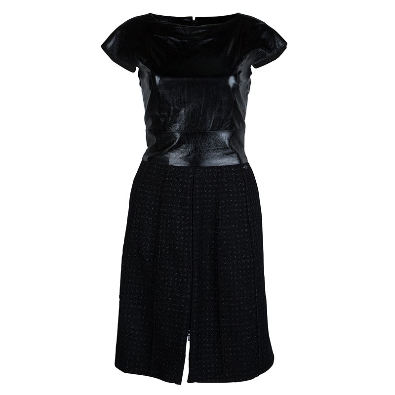 Pre Owned Chanel Black Leather Combo Wool Dress S