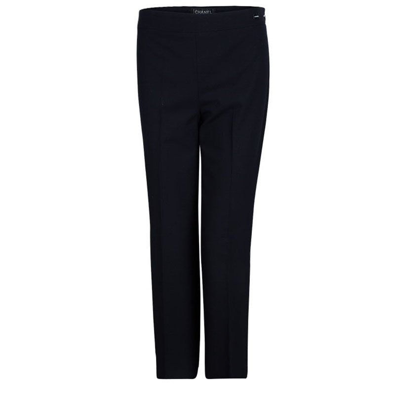 Pre Owned Chanel Navy Blue Wool High Waist Wide Leg Trousers M