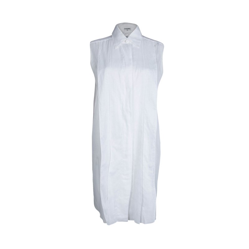 Chanel White Cotton Sleeveless Pleat Detail Shirt Dress M