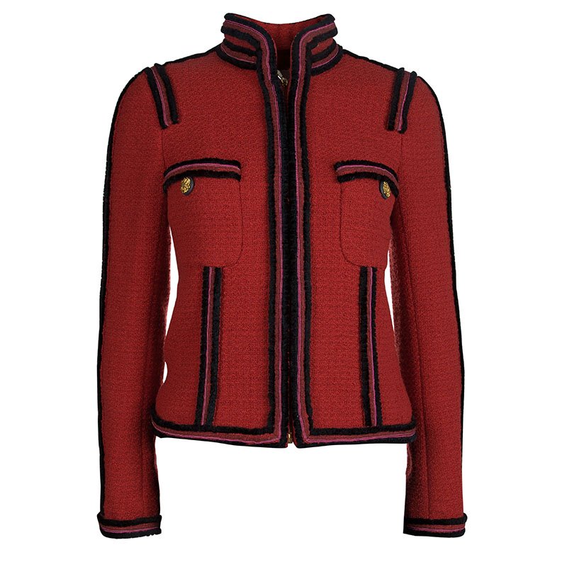 Pre Owned Chanel Red Contrast Trim Wool Jacket S