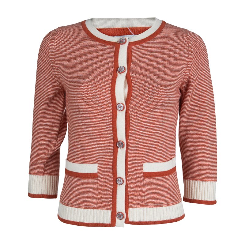 Chanel Orange and Cream Button Front Cashmere Cardigan S